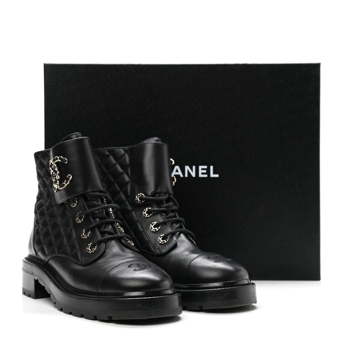 Shiny Calfskin Quilted Lace Up Combat Boots 40 Black