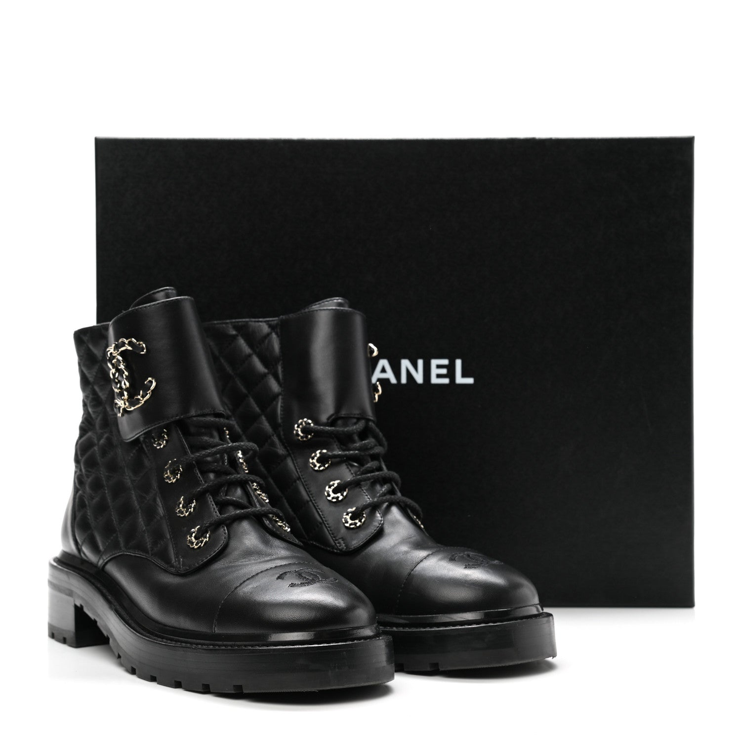 Chanel Shiny Calfskin Quilted Lace Up Combat Boots 40 Black 9 of 9