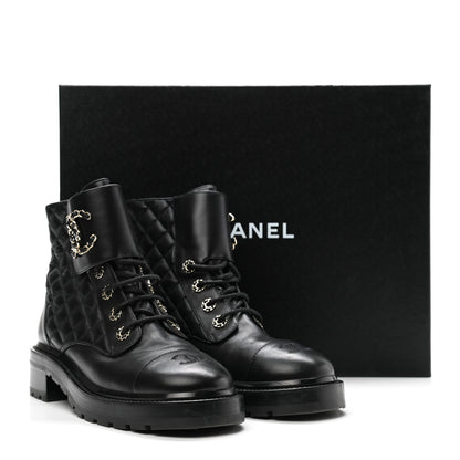 Chanel Shiny Calfskin Quilted Lace Up Combat Boots 40 Black 9 of 9