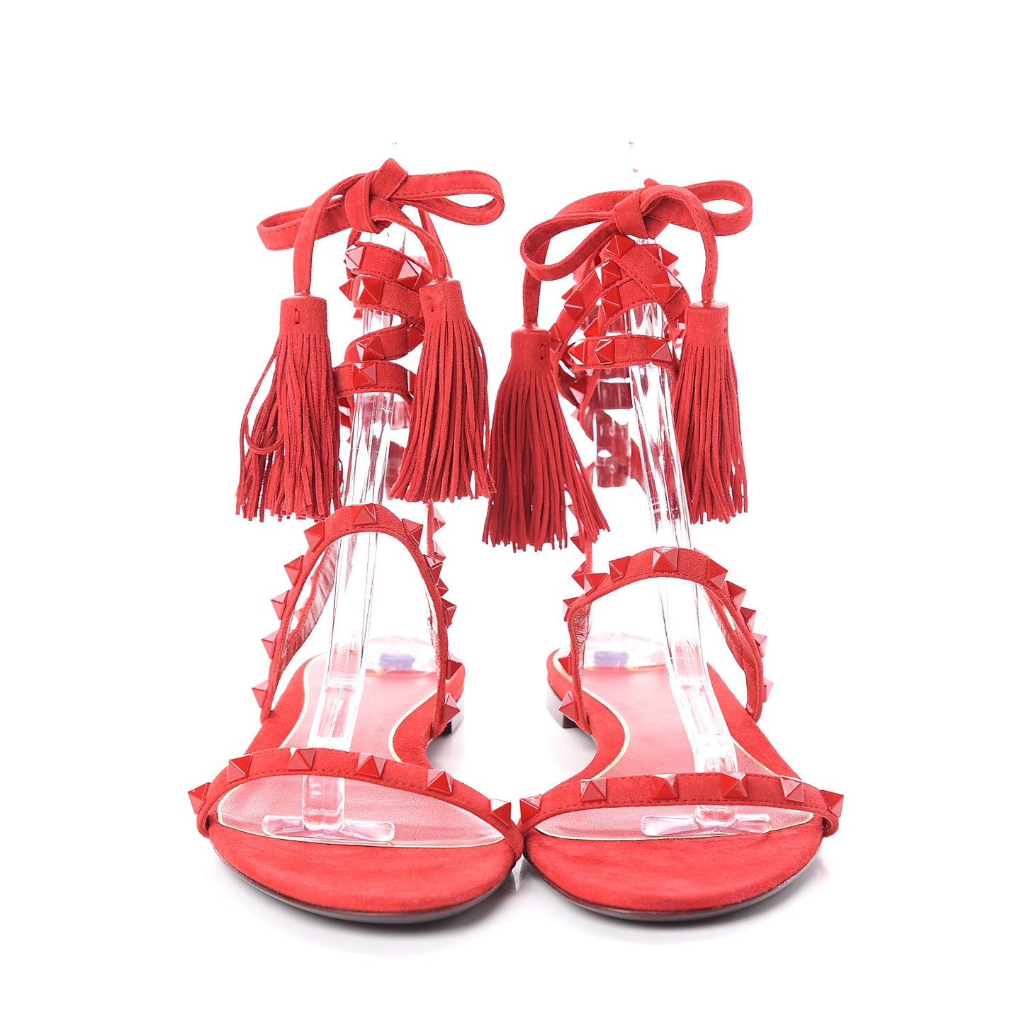 Suede Monochrome Rockstud Flair Ankle Wrap Flat Sandals 41 Red