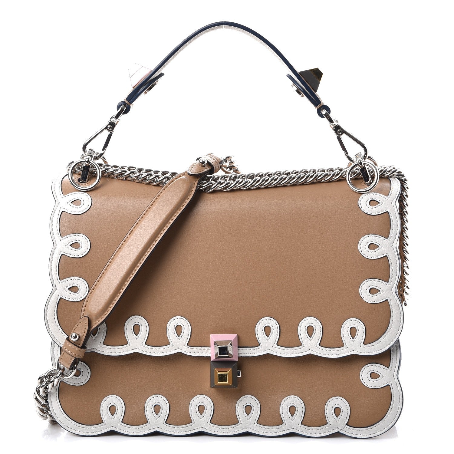 Fendi Vitello Liberty Dolce Scalloped Studded Scrollwork Kan I Shoulder Bag Cuoio White 1 of 7