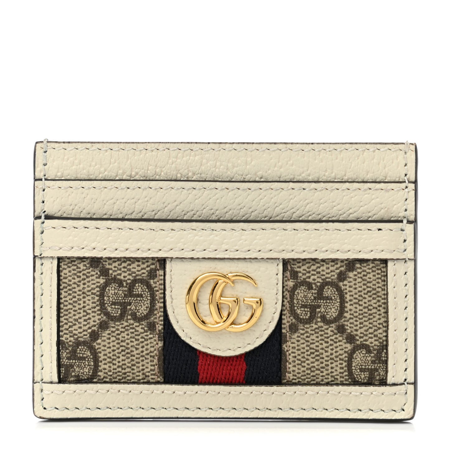 GG Supreme Monogram Textured Calfskin Web Ophidia Card Holder Beige Ebony Mystic White