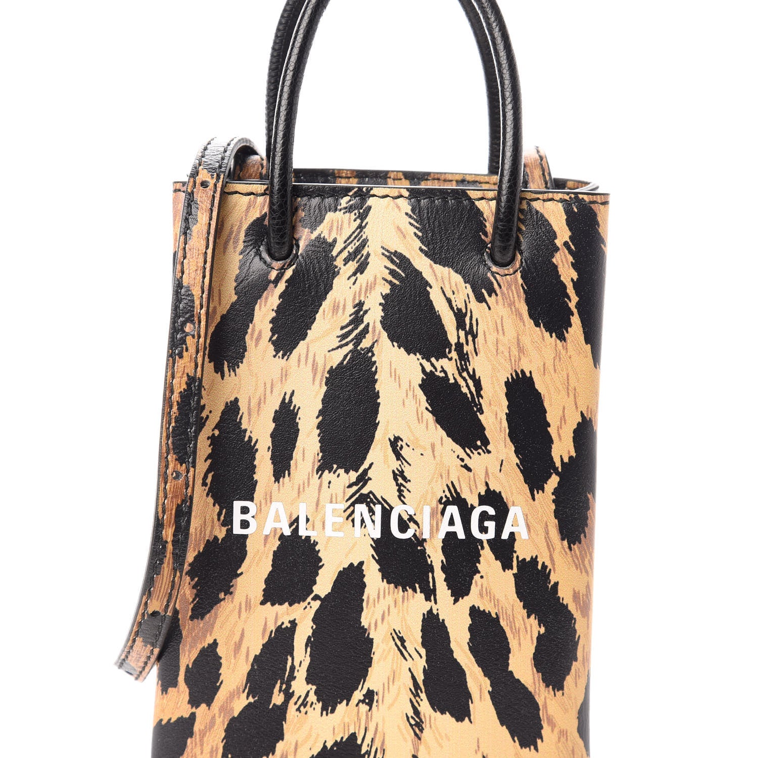 Balenciaga Smooth Calfskin Leopard Print Logo Shopping Phone Holder Bag Beige Black 7 of 9