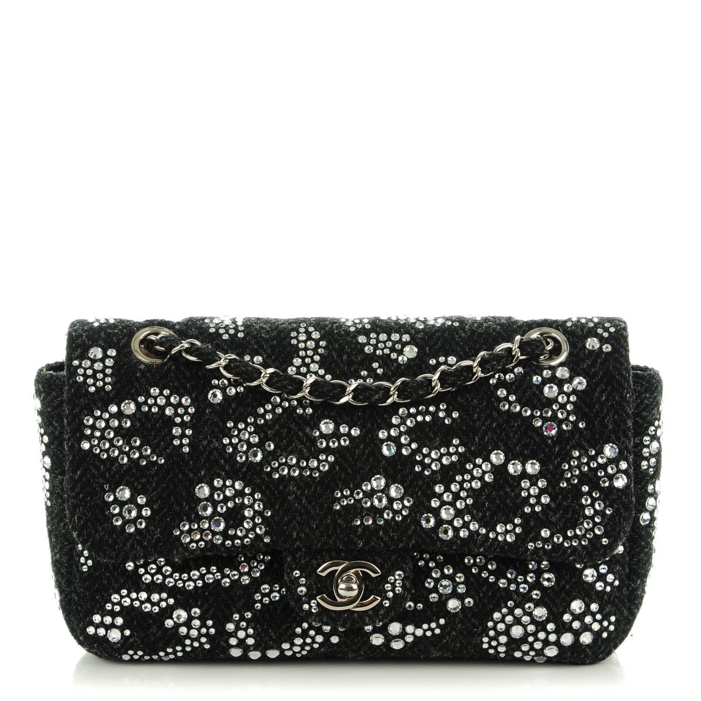 Tweed Medium Rhinestone Embellished Single Flap Black