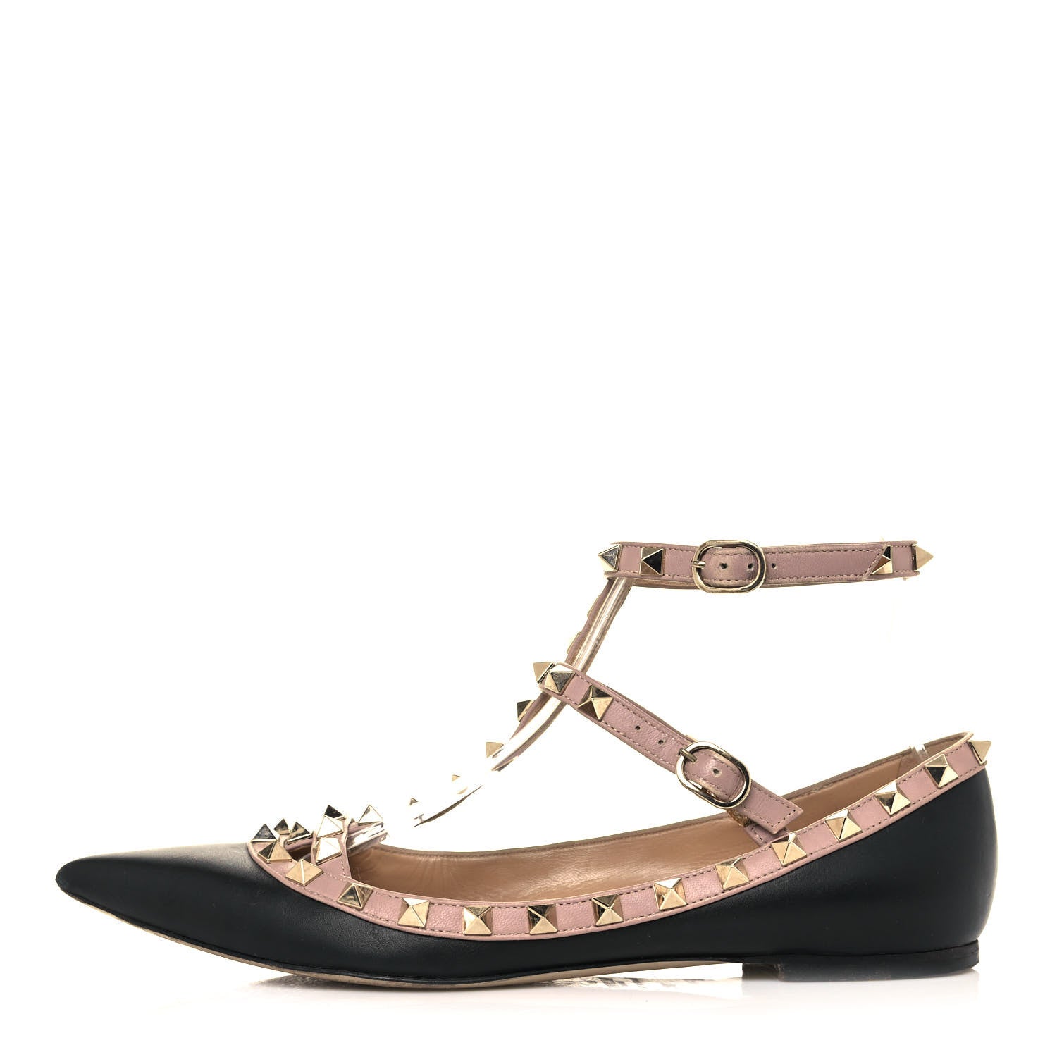 Valentino Garavani Calfskin Nappa Rockstud Cage Ballerina Flats 38.5 Black Poudre 1 of 7