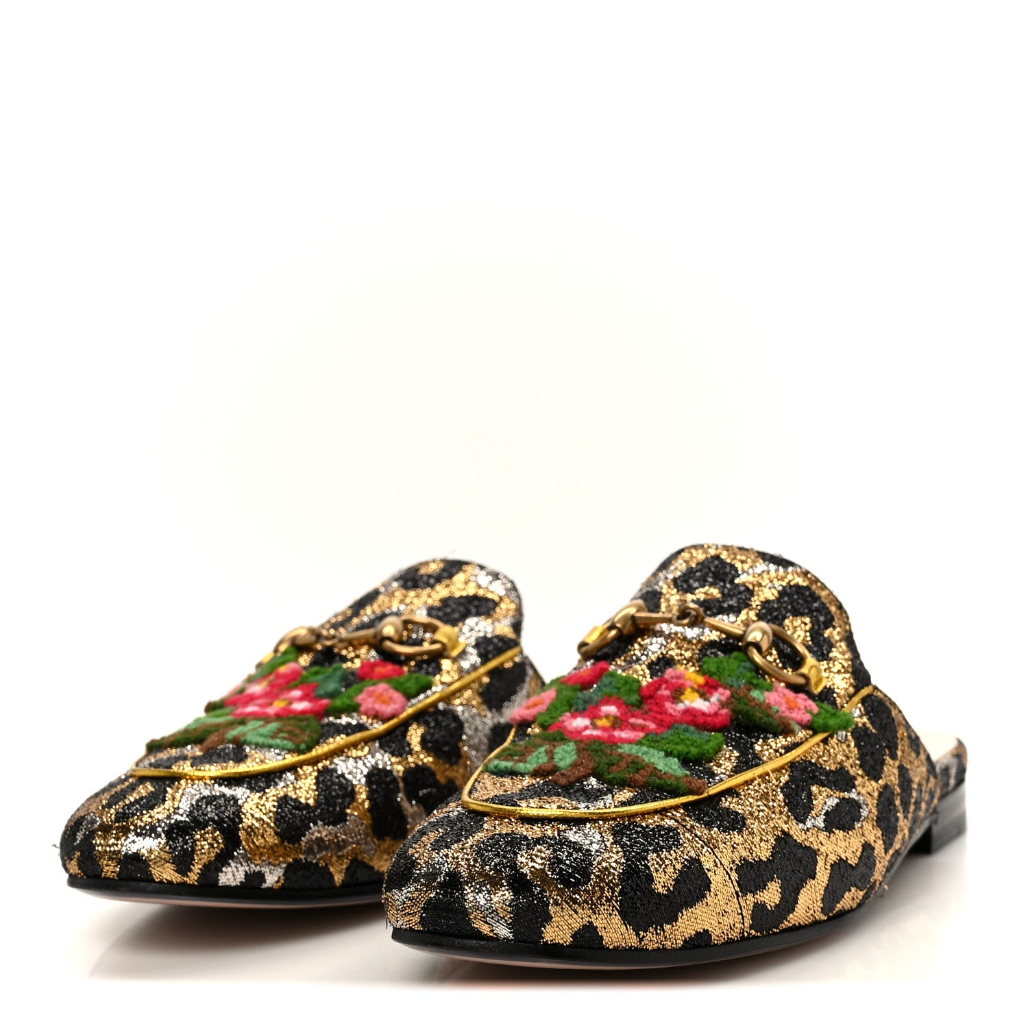 Gucci Lurex Jacquard Leopard Embroidered Womens Princetown Slippers 36.5 Black Gold 4 of 11