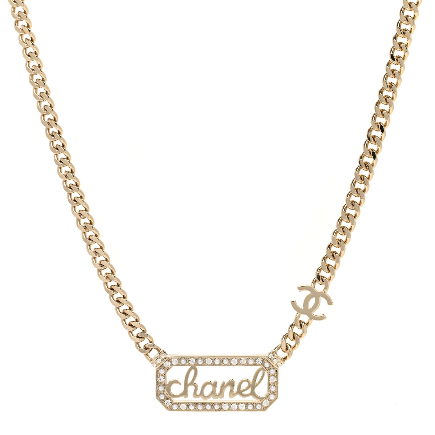 Chanel Metal Crystal Pearl Logo Necklace Gold Gold 1 of 4
