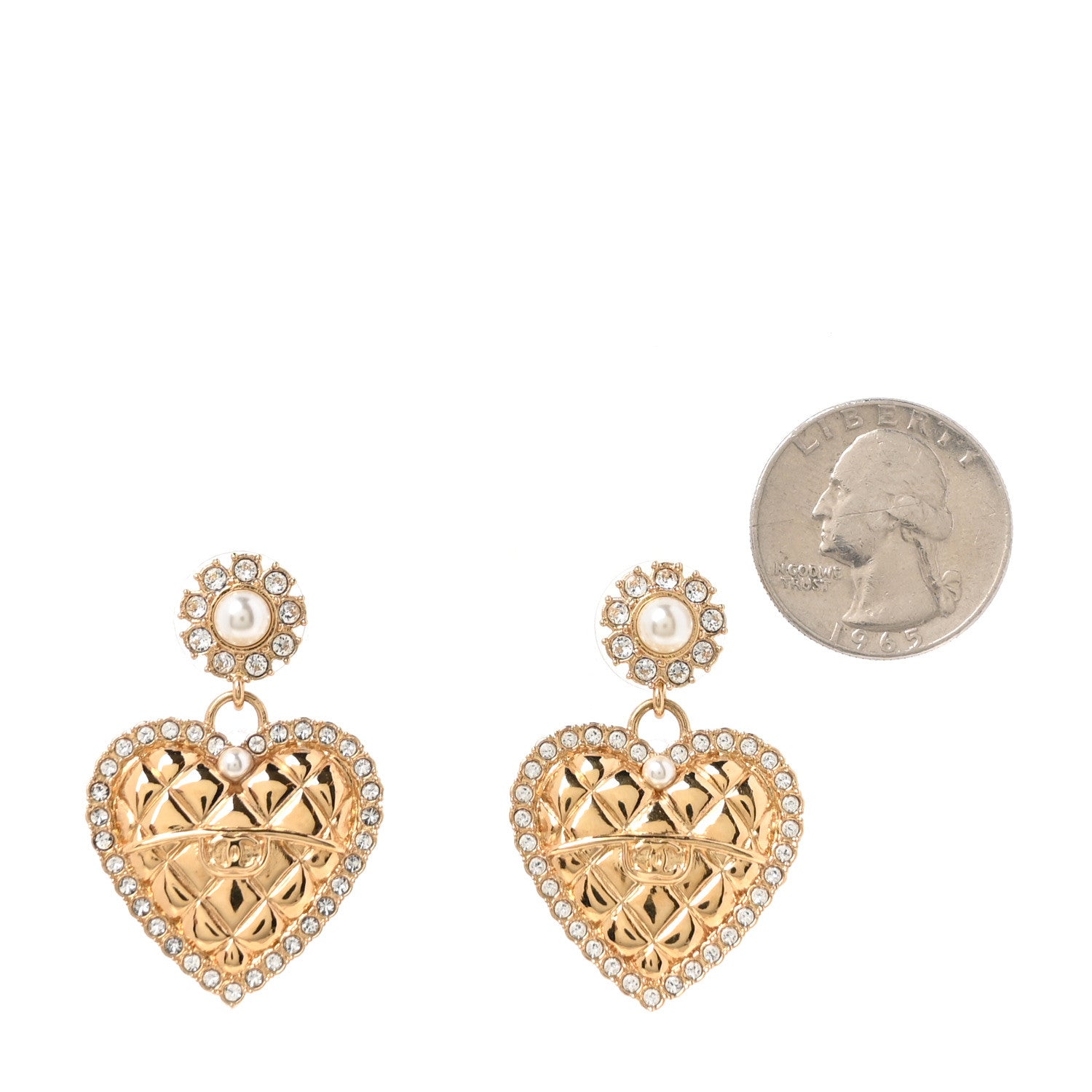 Chanel Pearl Crystal Quilted CC Heart Drop Earrings Gold 2 of 5