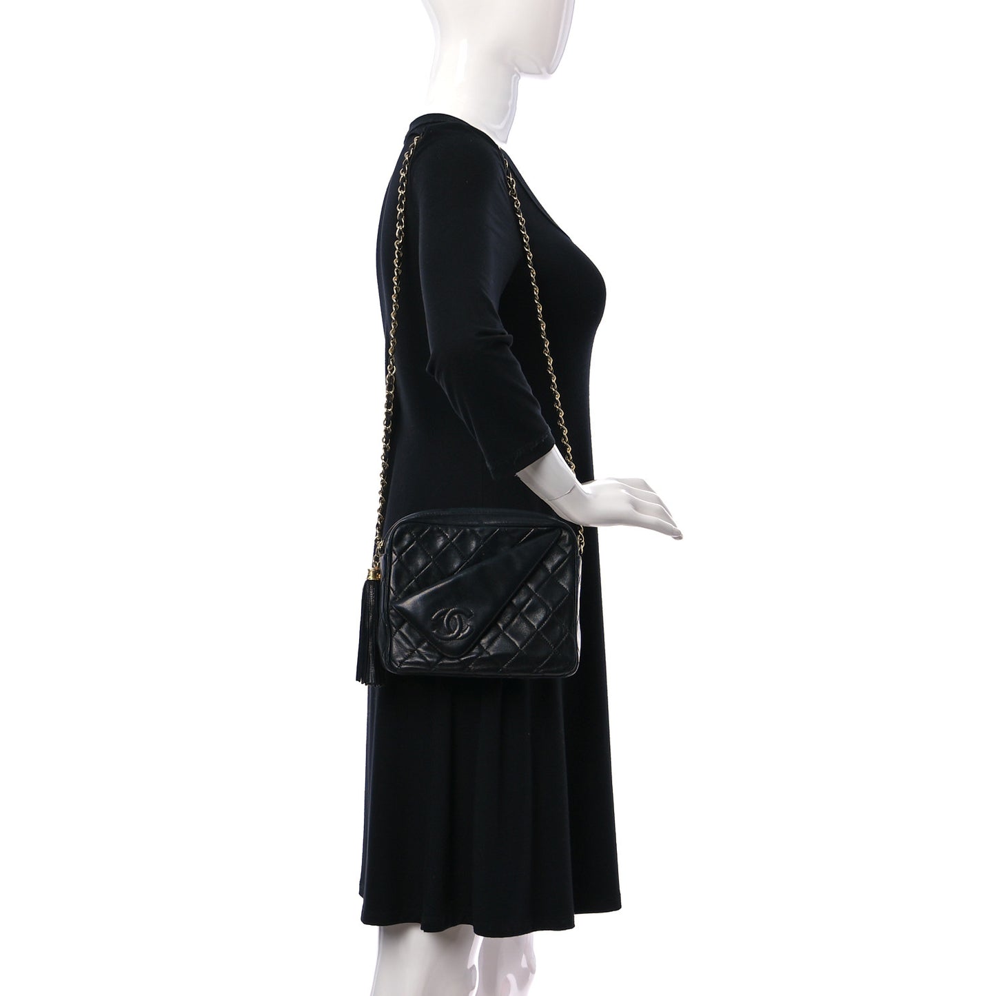 Lambskin Quilted CC Tassel Camera Case Black