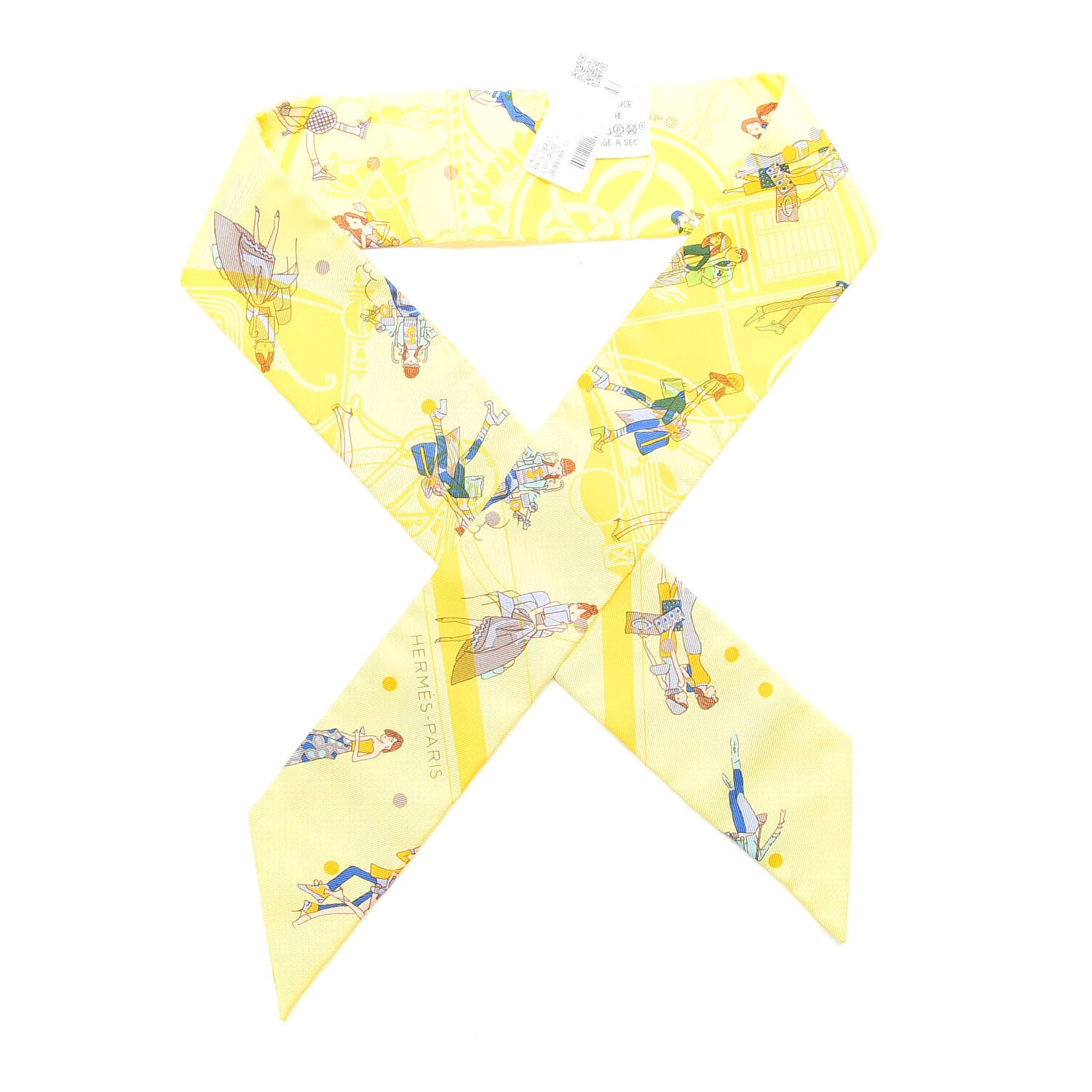 Hermes Silk Ex-Libris Les Parisie Twilly Jaune Soufre Gris 1 of 2