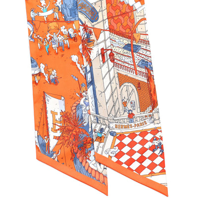 Hermes Silk Le Grand Prix du Faubourg Maxi Twilly Slim Orange Bleu Jean 2 of 5