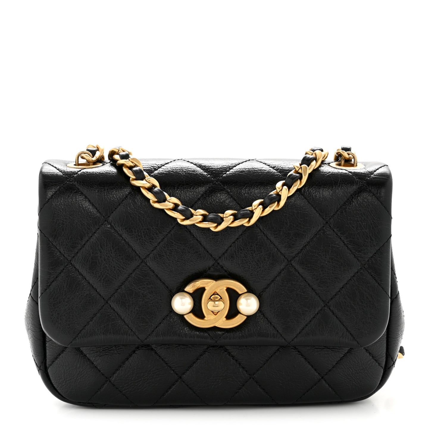 Glazed Calfskin Quilted Mini Pearl Side Flap Black