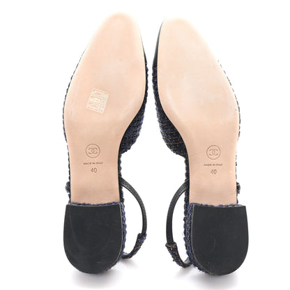 Chanel Tweed Grosgrain Cap Toe CC Slingback Flats  40 Blue Gold 6 of 9