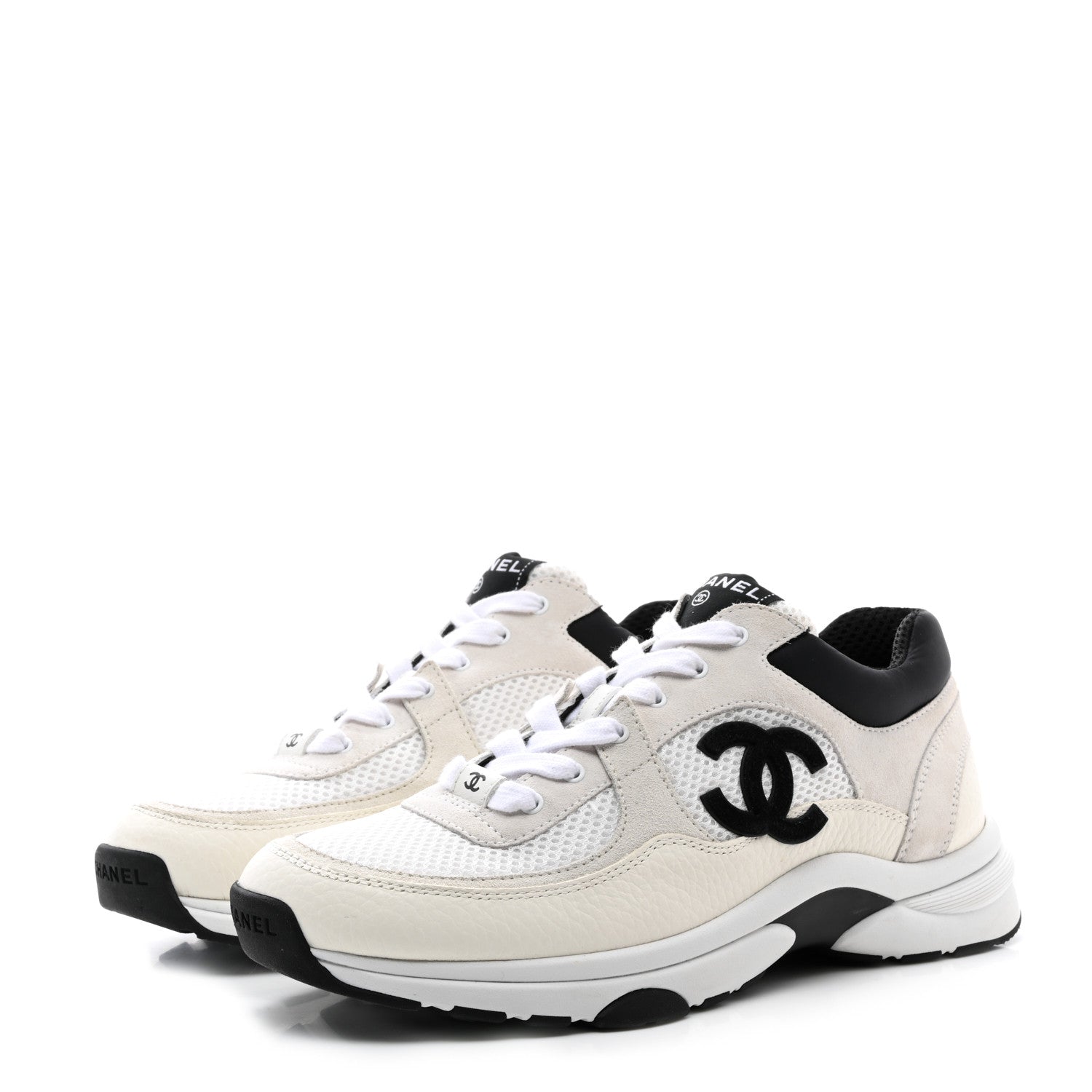 Chanel Mesh Suede Calfskin Grained Calfskin Womens CC Sneakers 39.5 White Black 3 of 12