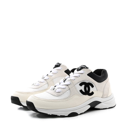 Chanel Mesh Suede Calfskin Grained Calfskin Womens CC Sneakers 39.5 White Black 3 of 12