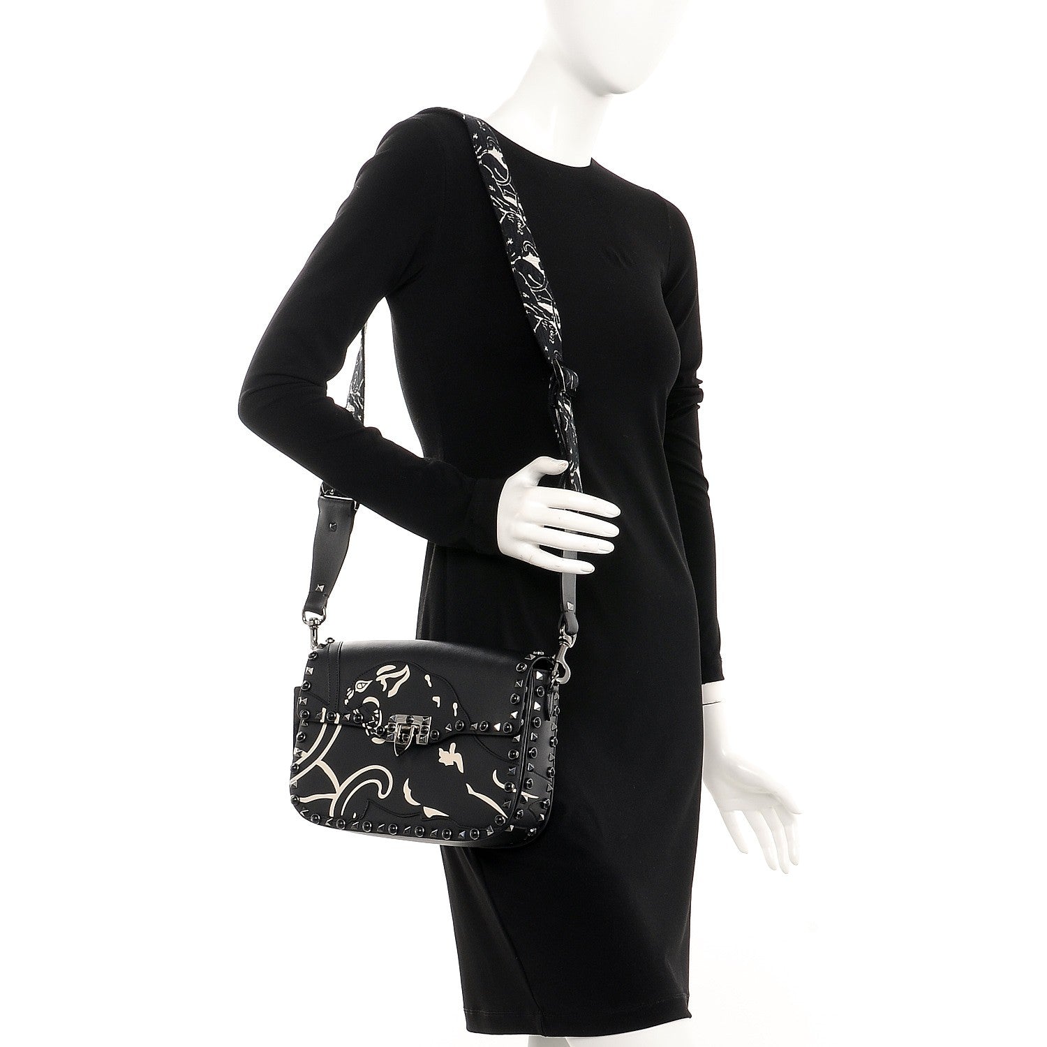 Valentino Garavani Calfskin Panther Medium Guitar Strap Rockstud Rolling Flap Saddle Bag Black 2 of 8