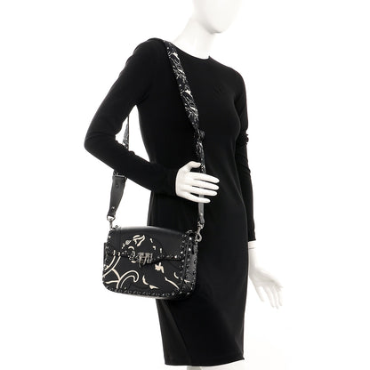 Valentino Garavani Calfskin Panther Medium Guitar Strap Rockstud Rolling Flap Saddle Bag Black 2 of 8