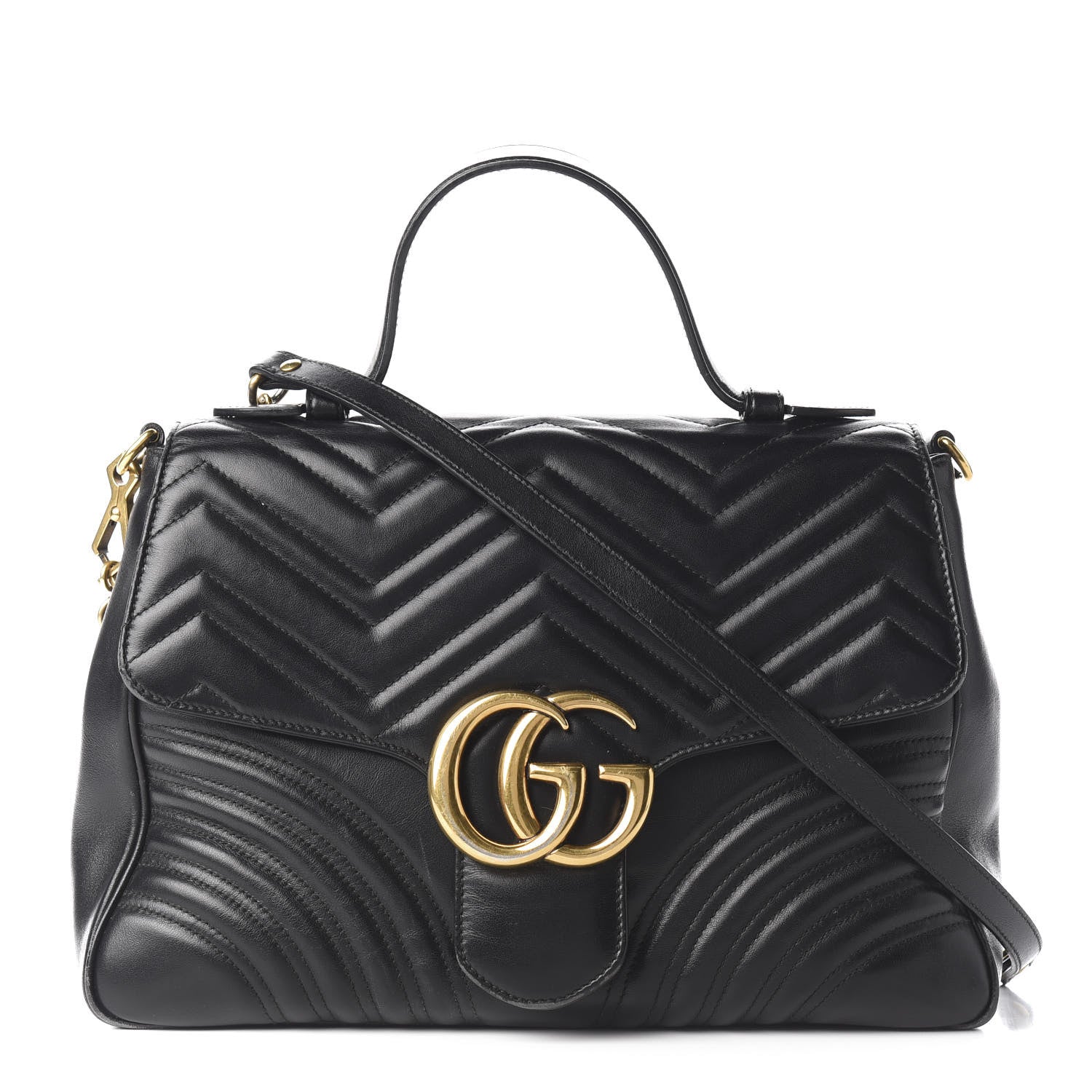Gucci Calfskin Matelasse Medium GG Marmont Top Handle Shoulder Bag Black 1 of 10