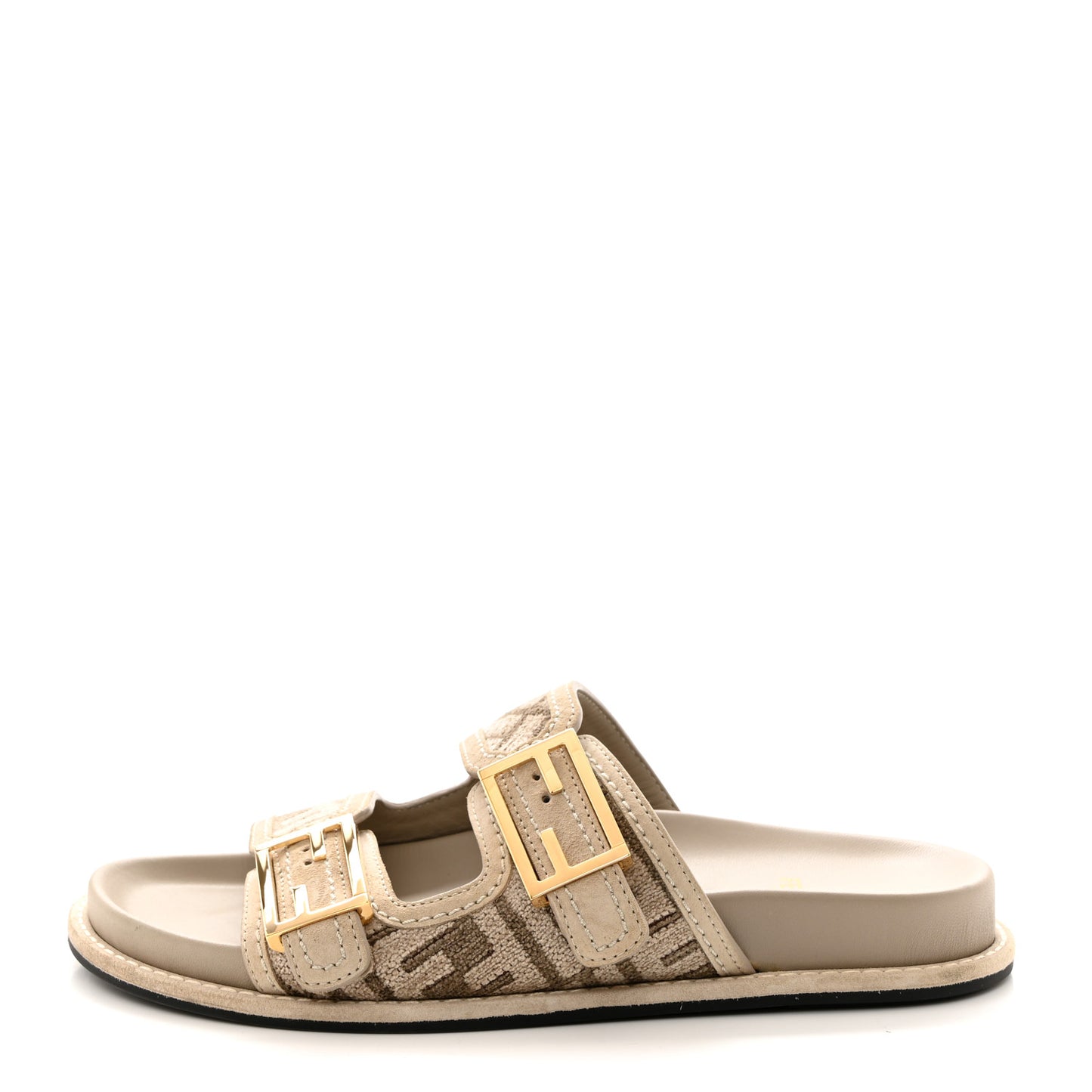 Chenille Fabric Jacquard Suede FF Womens Fendi Feel Buckled Slide Sandals 39.5 Tortora Nuvola Rock