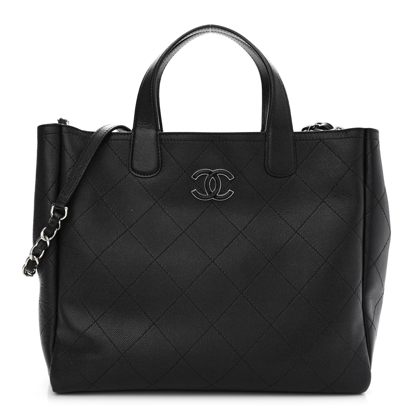 Caviar Stitched Medium Lady Coco Shopping Tote Black