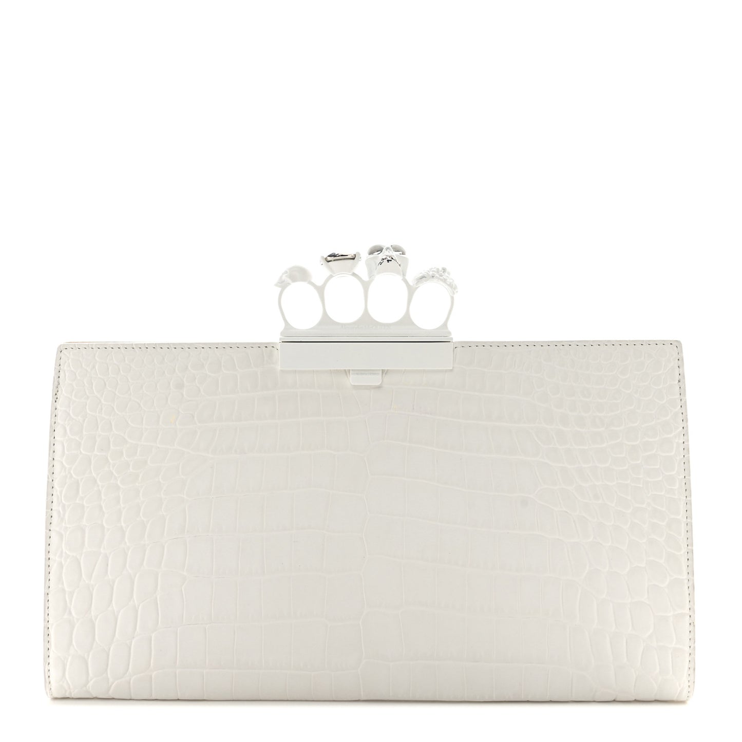 Calfskin Crocodile Embossed Knuckle Flat Clutch White