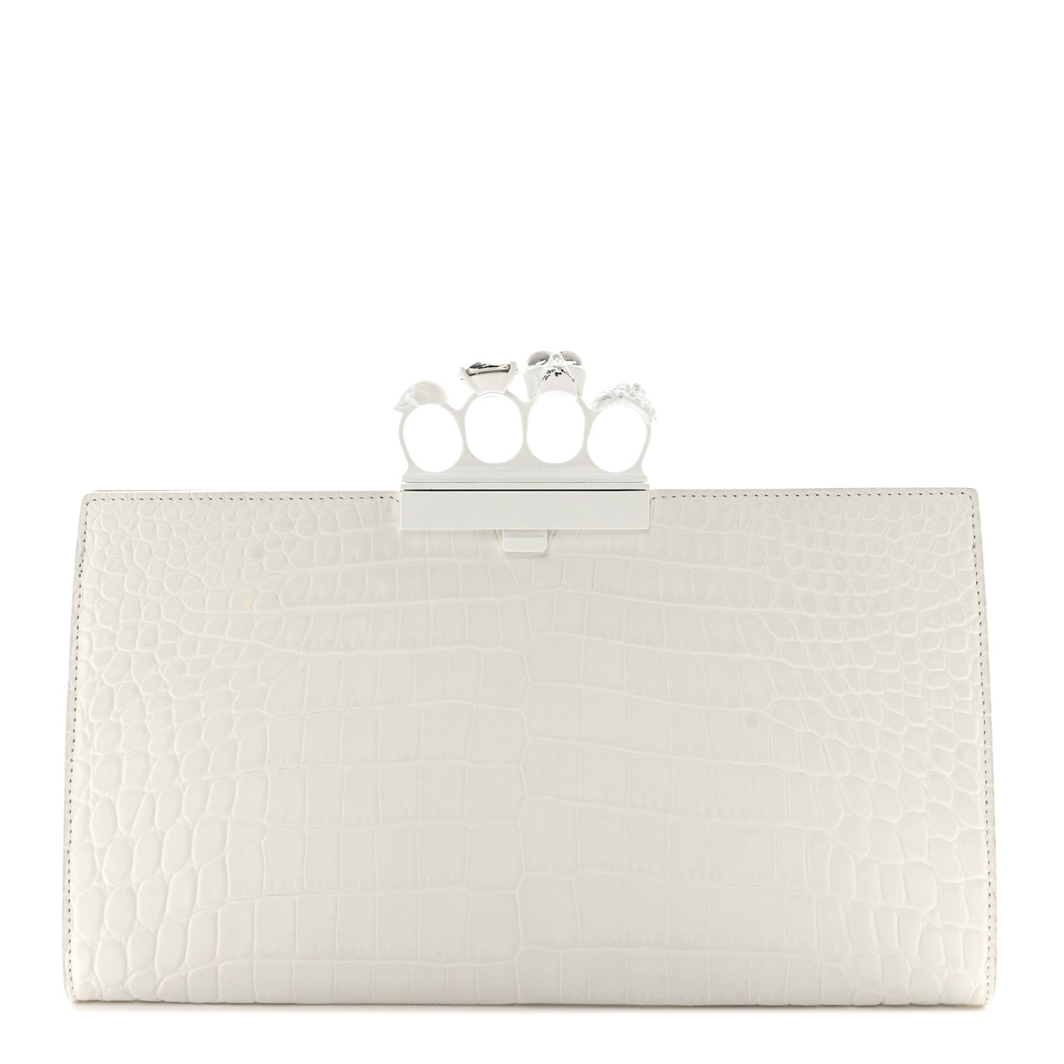 Alexander McQueen Calfskin Crocodile Embossed Knuckle Flat Clutch White 1 of 11