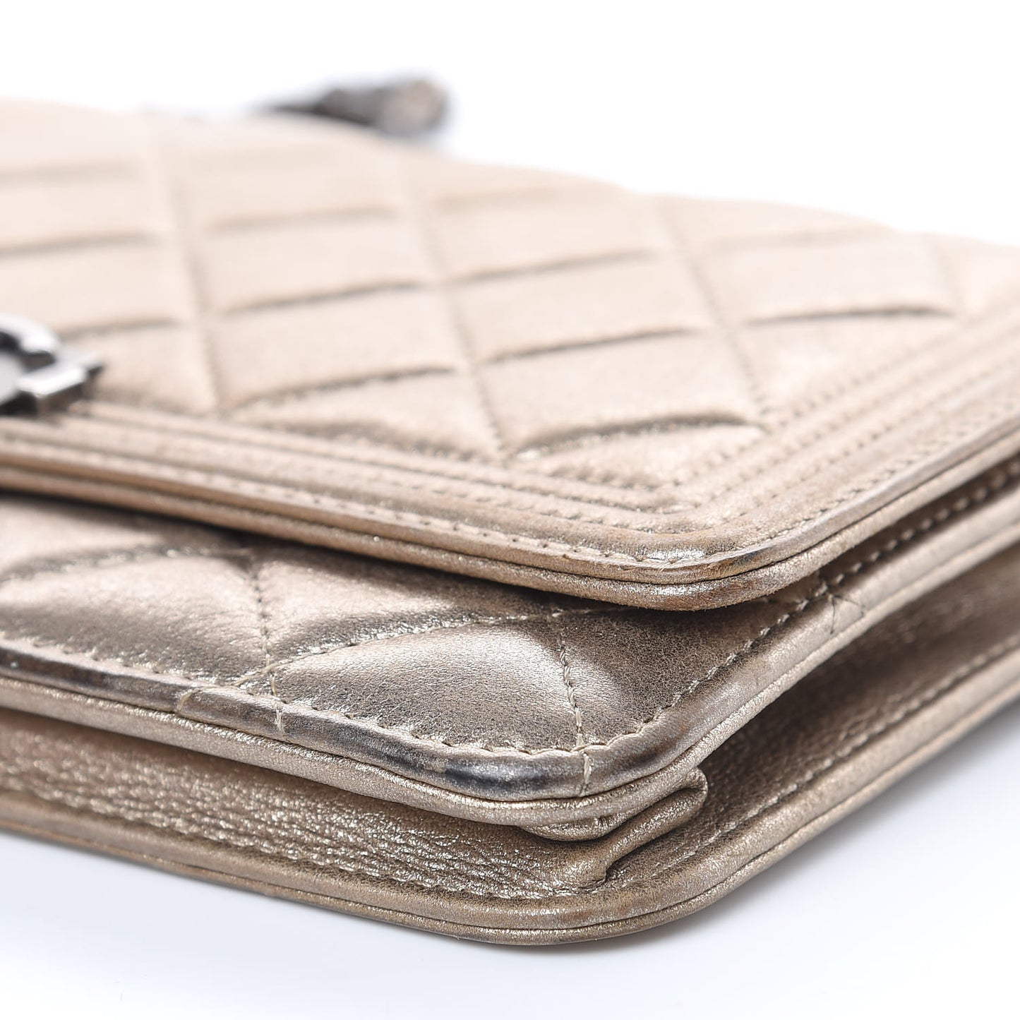 Metallic Calfskin Quilted Boy Wallet On Chain WOC Gold