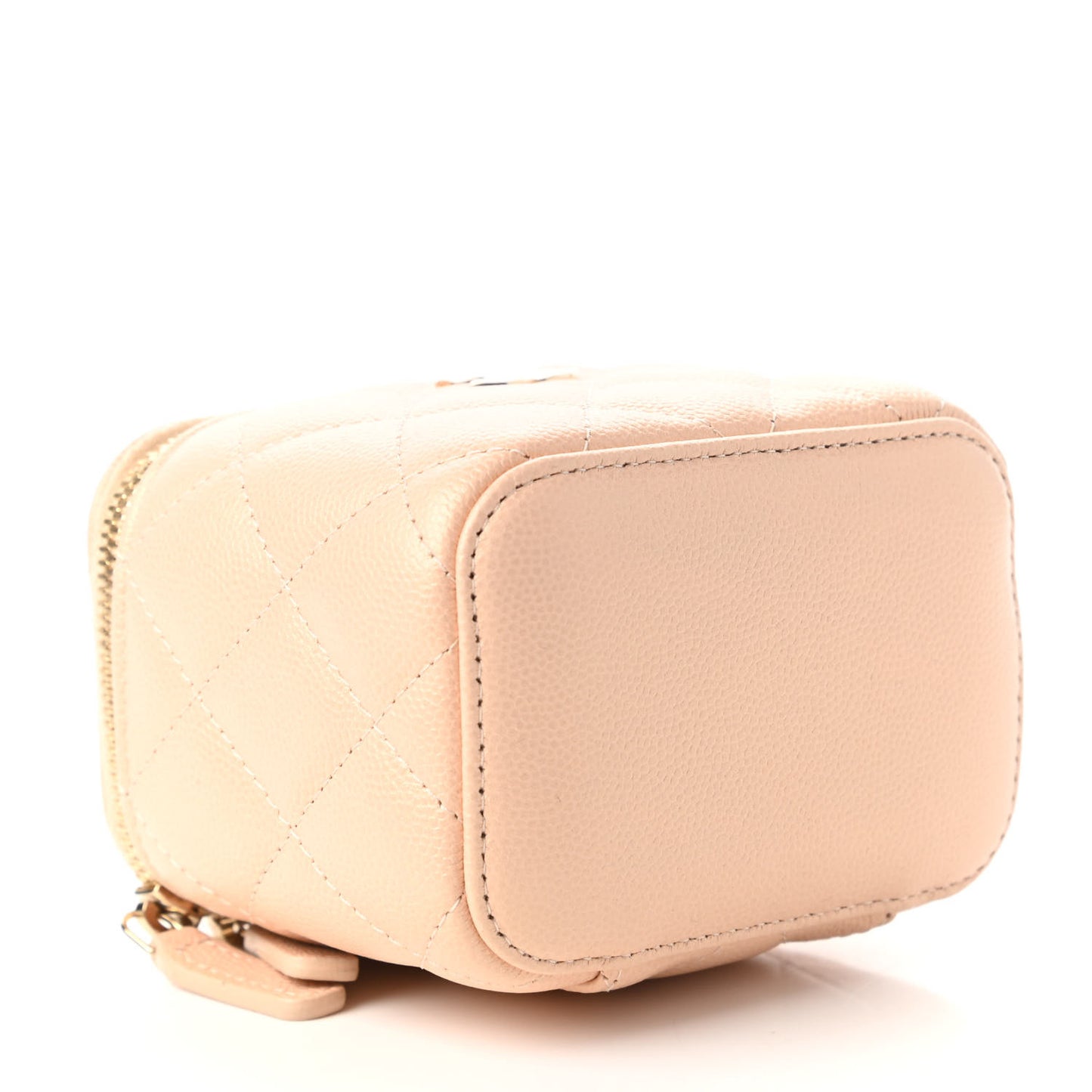 Iridescent Caviar Quilted Mini Pearl On Top Vanity Case With Chain Beige