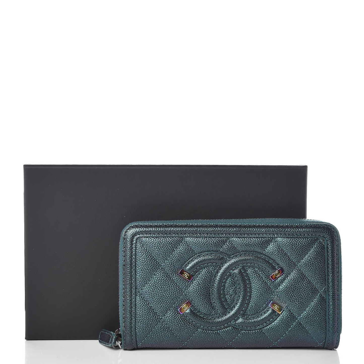 Iridescent Caviar Quilted Medium Filigree Zip Around Wallet Dark Turquoise