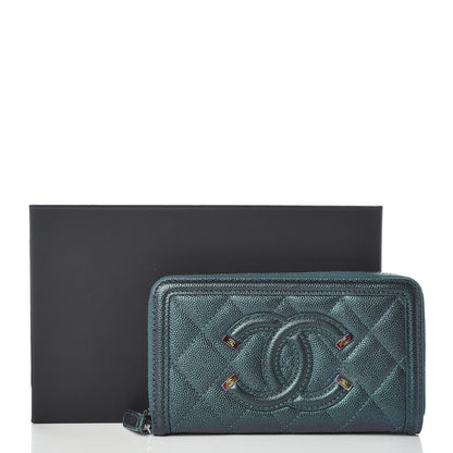 Chanel Iridescent Caviar Quilted Medium Filigree Zip Around Wallet Dark Turquoise 10 of 10