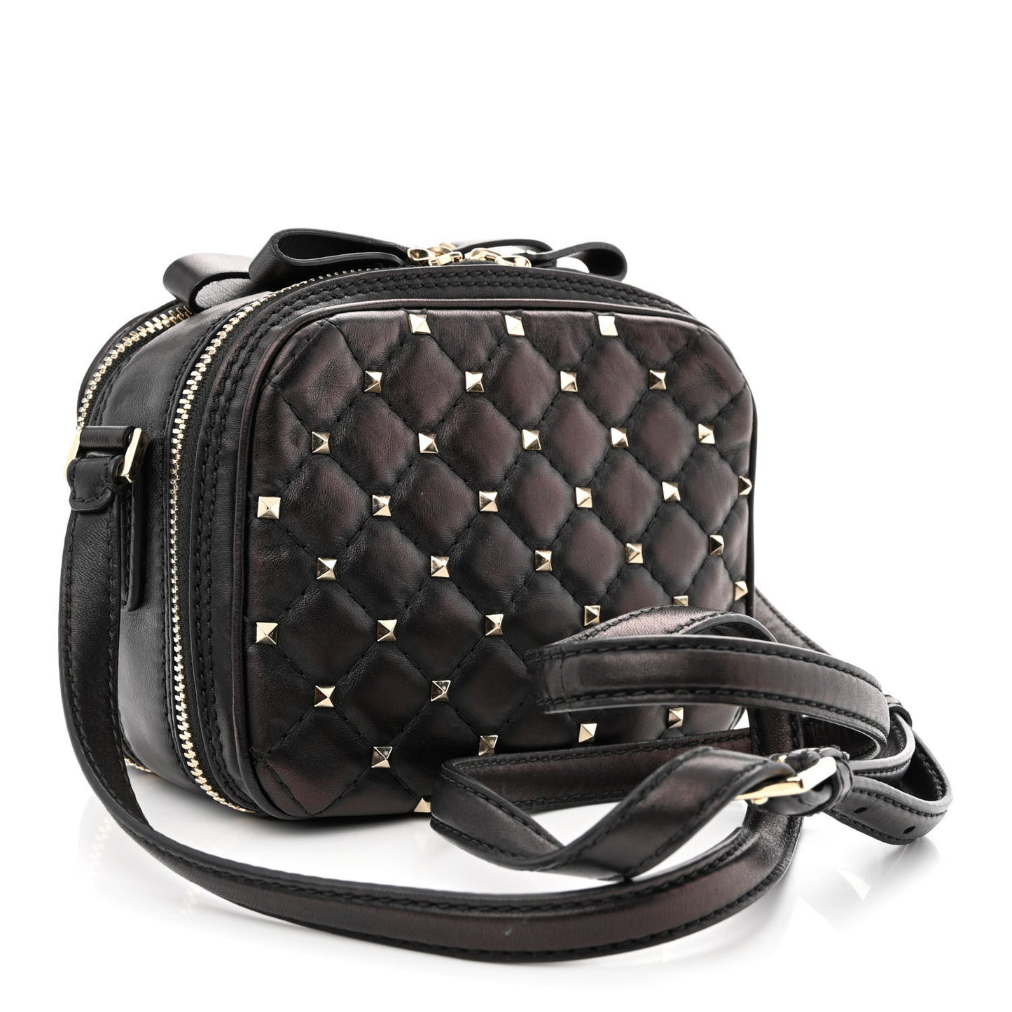 Nappa Rockstud Spike Double Zip Camera Crossbody Bag Black