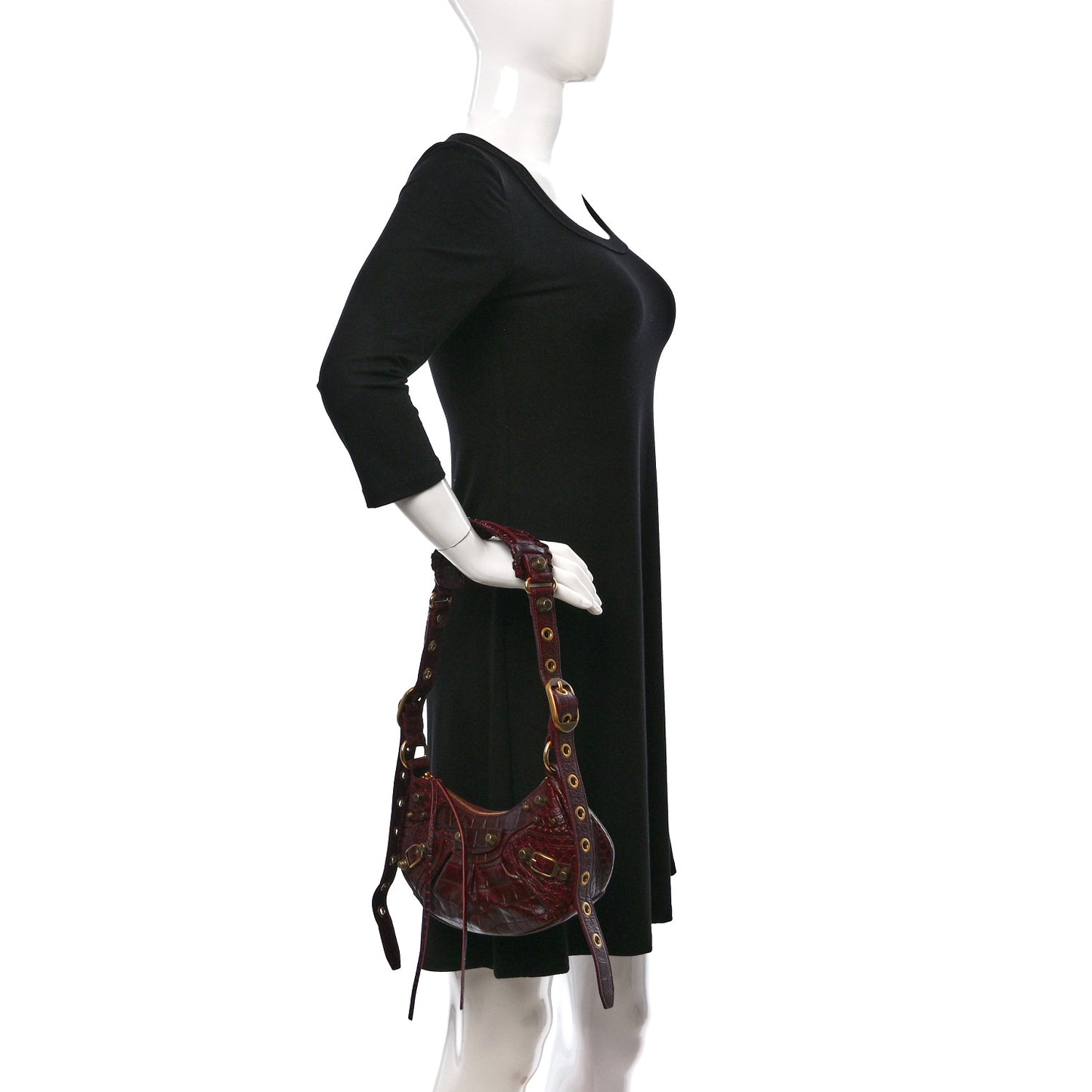 Extra Supple Calfskin Crocodile Embossed Le Cagole Shoulder Bag XS Dark Red