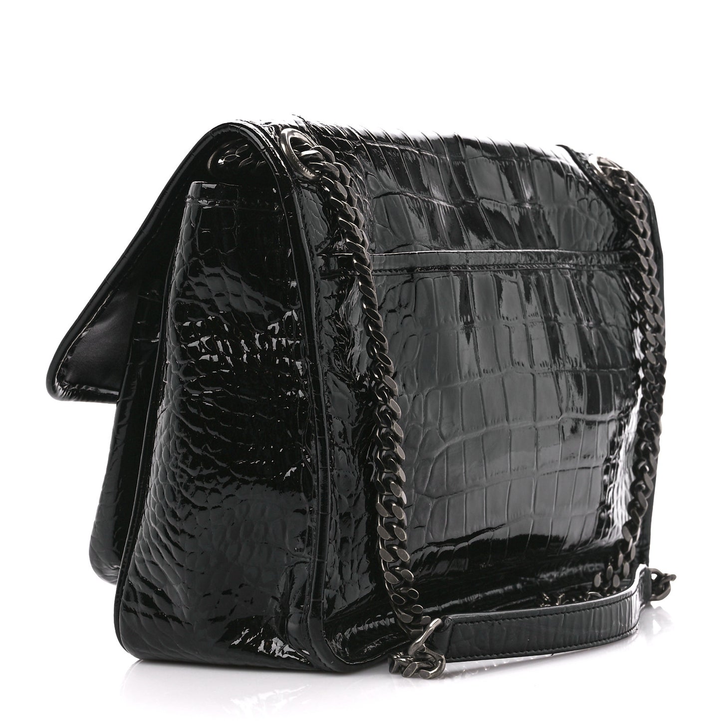 Patent Crocodile Embossed Lambskin Monogram Medium Niki Chain Satchel Black