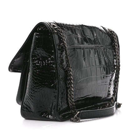 Saint Laurent Patent Crocodile Embossed Lambskin Monogram Medium Niki Chain Satchel Black 3 of 12