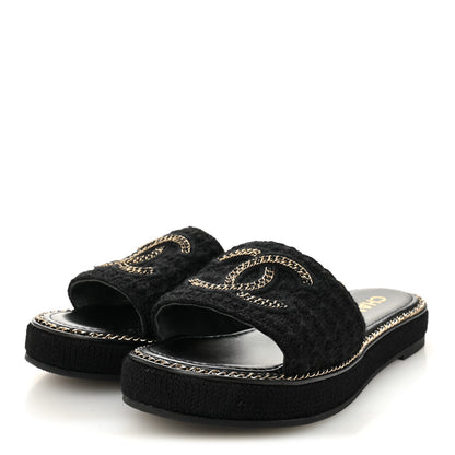 Chanel Wool Alpaca Chain CC Slide Sandals 40 Black 4 of 9