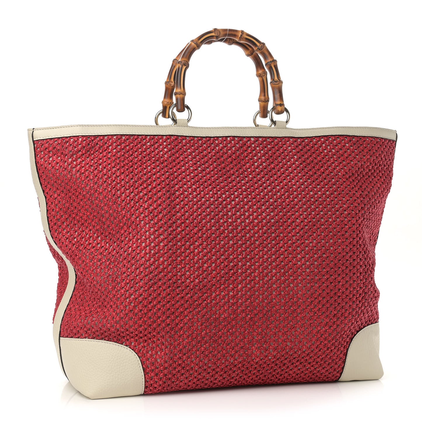 Straw Calfskin Bamboo Shopper Tote Raspberry