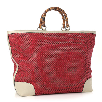Gucci Straw Calfskin Bamboo Shopper Tote Raspberry 3 of 11