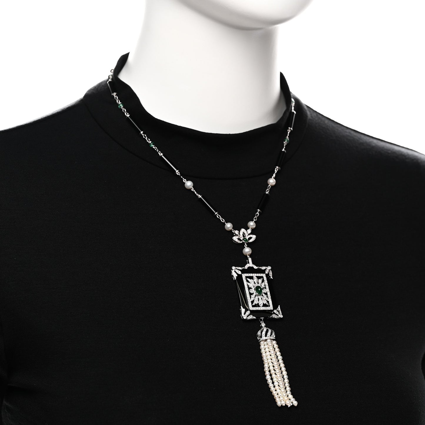 18K White Gold Diamond Emerald Black Onyx Cultured Pearl 1.45ctw Art Deco Tassel Pendant Necklace