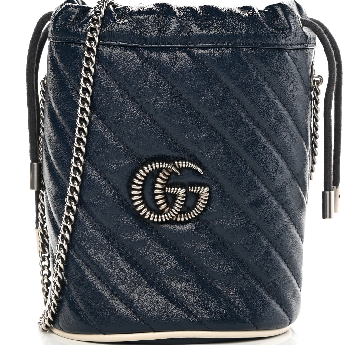 Vintage Effect Calfskin Matelasse Diagonal Mini Torchon GG Marmont 2.0 Bucket Bag Blue Agata Mystic White