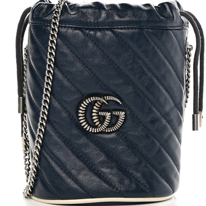 Gucci Vintage Effect Calfskin Matelasse Diagonal Mini Torchon GG Marmont 2.0 Bucket Bag Blue Agata Mystic White 8 of 12