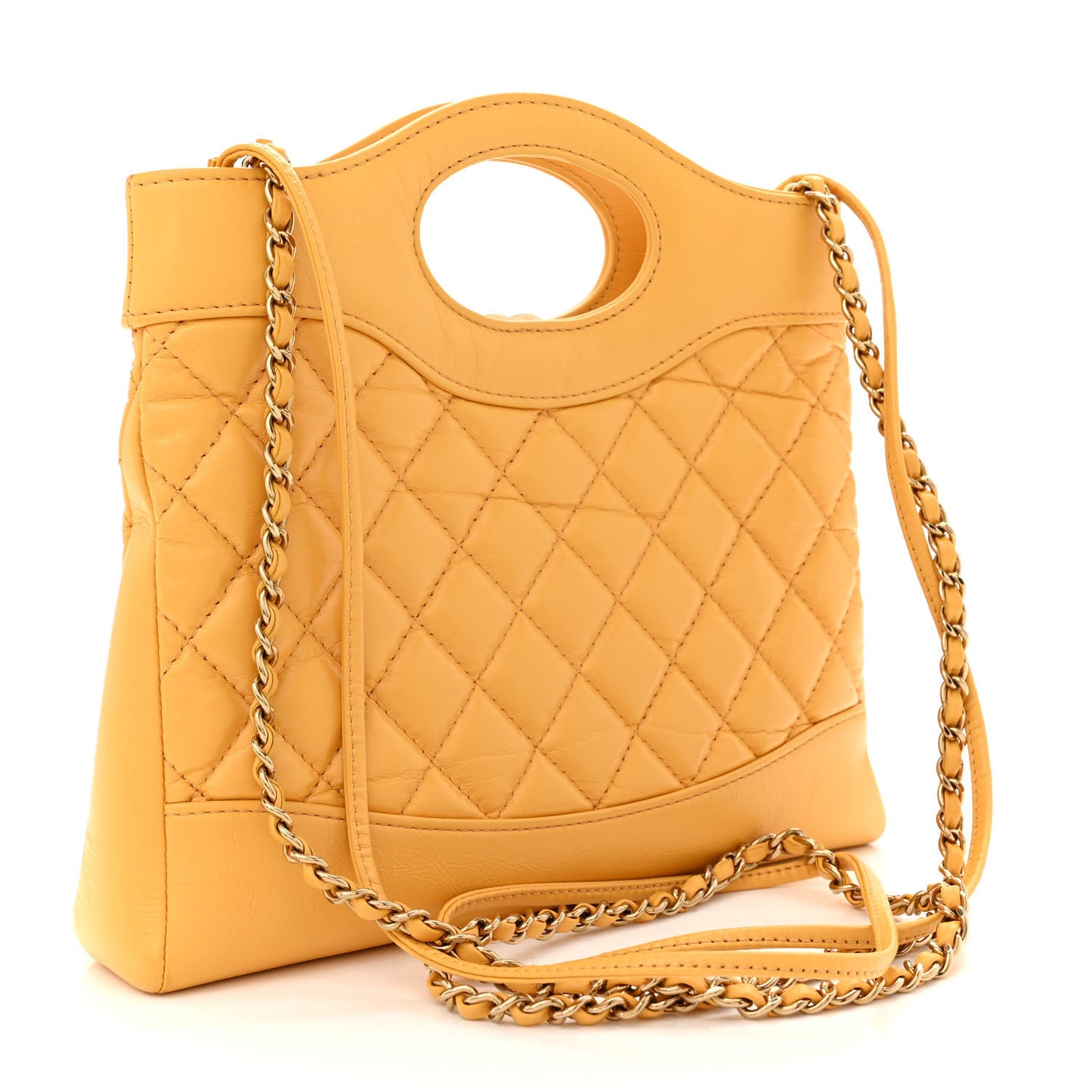 Shiny Crumpled Calfskin Quilted Mini 31 Shopping Bag Yellow