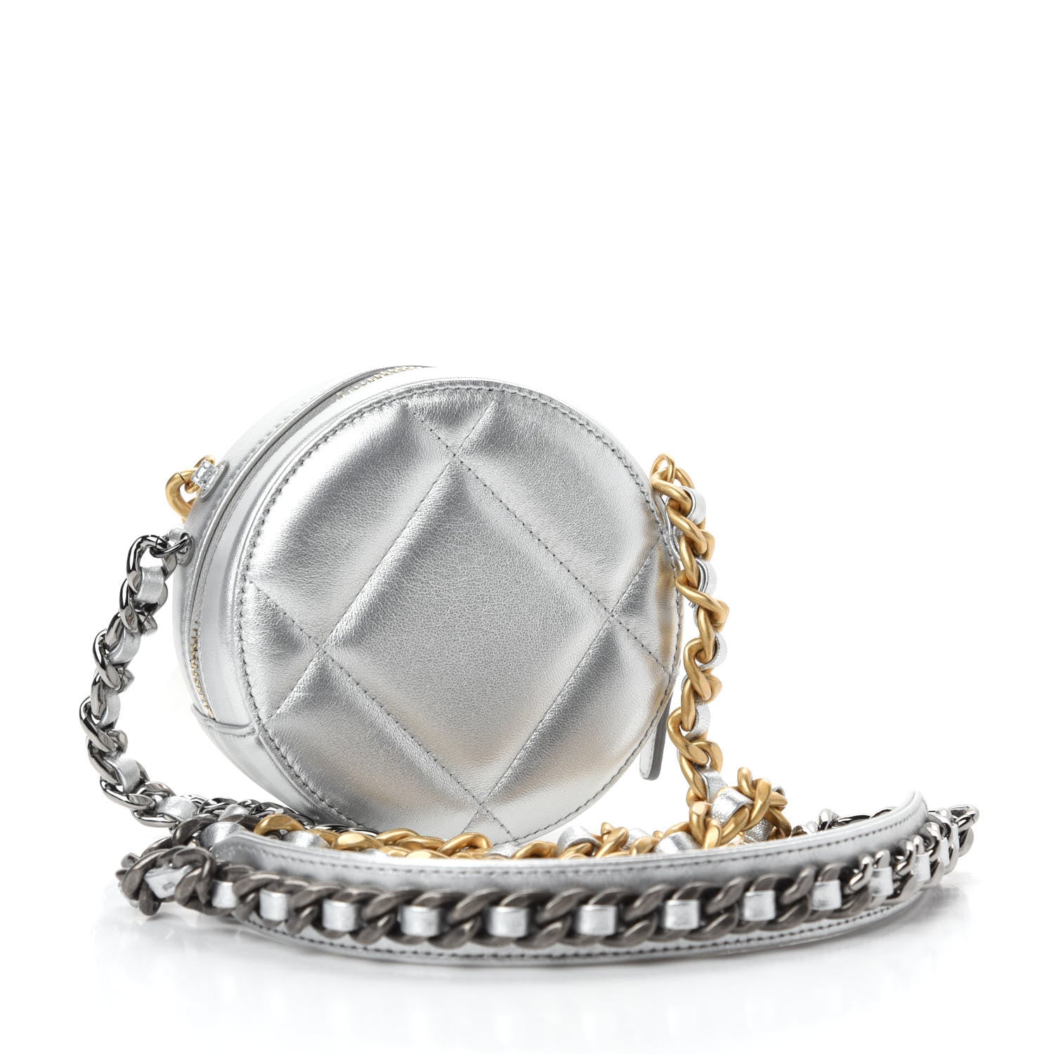 Chanel Metallic Lambskin Quilted Chanel 19 Round Clutch With Chain Silver 3 of 11