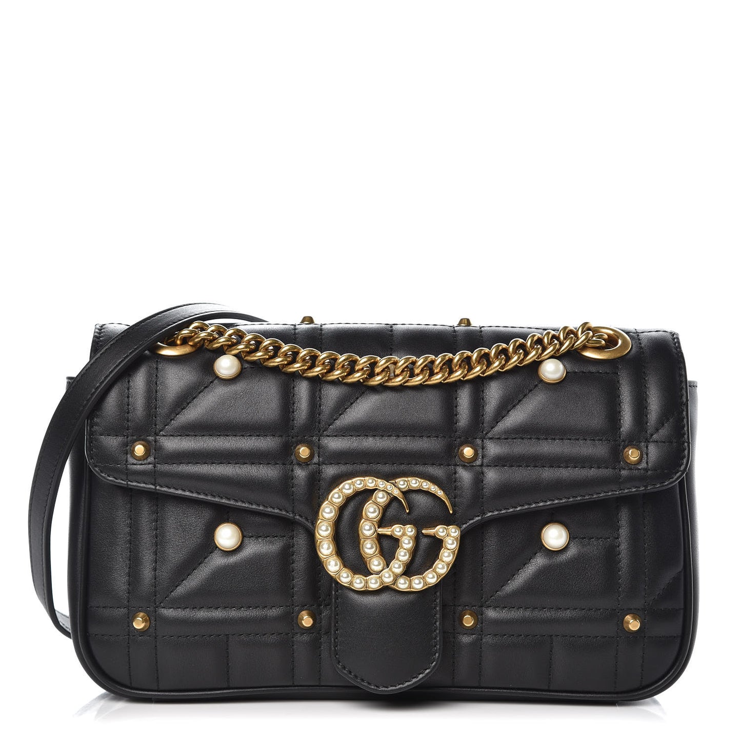 Calfskin Matelasse Studded Small Pearly GG Marmont Shoulder Bag Black