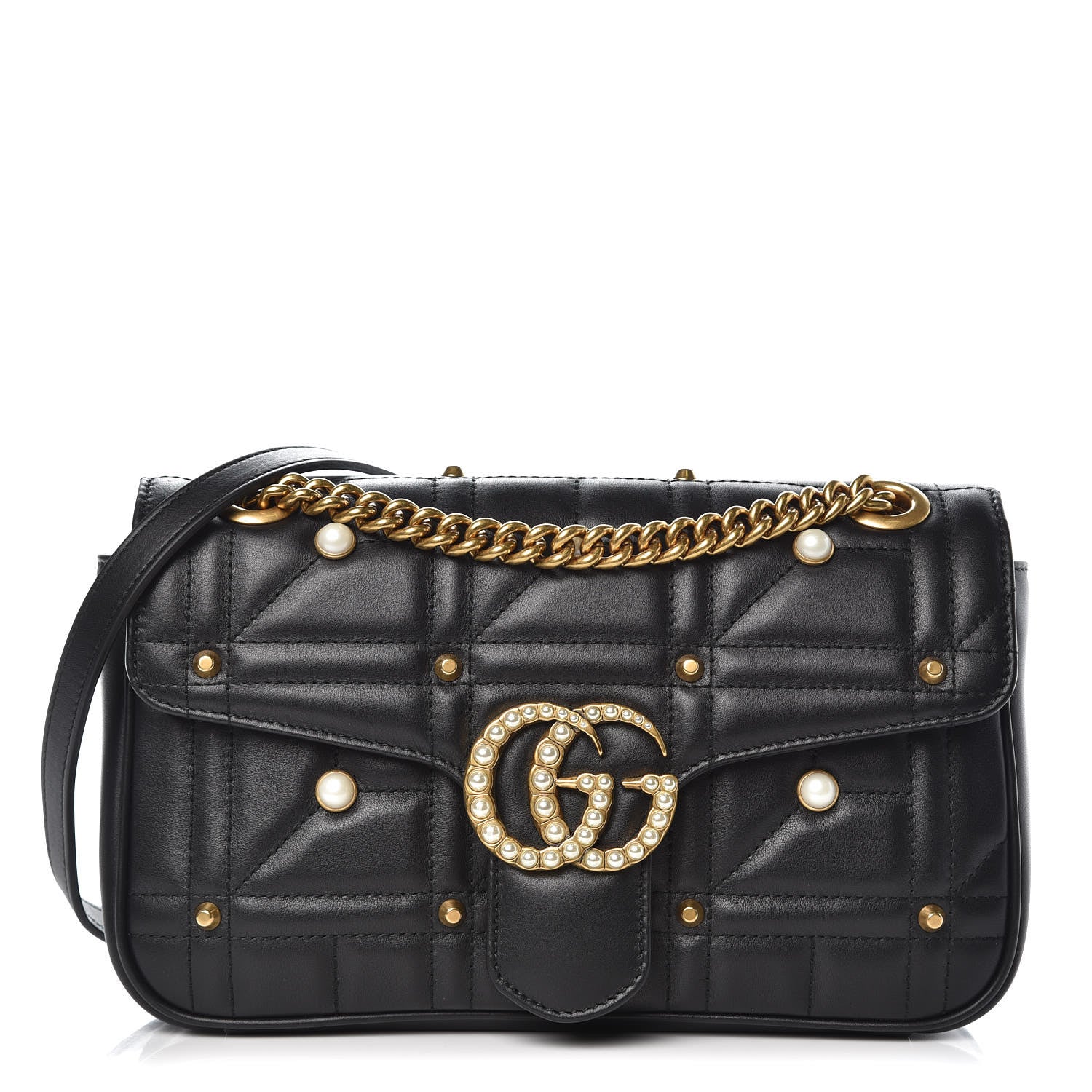 Gucci Calfskin Matelasse Studded Small Pearly GG Marmont Shoulder Bag Black 1 of 8