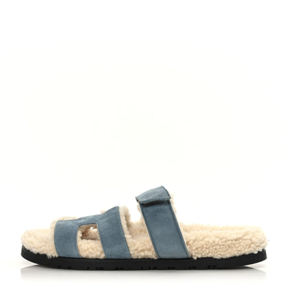 Hermes Suede Goatskin Woolskin Womens Chypre Sandals 38 Bleu Pinede Ecru 1 of 16