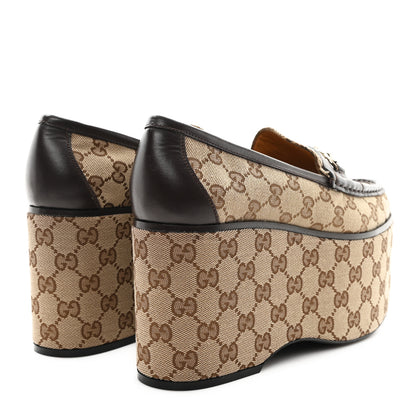 Gucci Canvas GG Monogram Horsebit Calfskin Womens Horsebit Platform Loafers 39 Beige Ebony 5 of 9