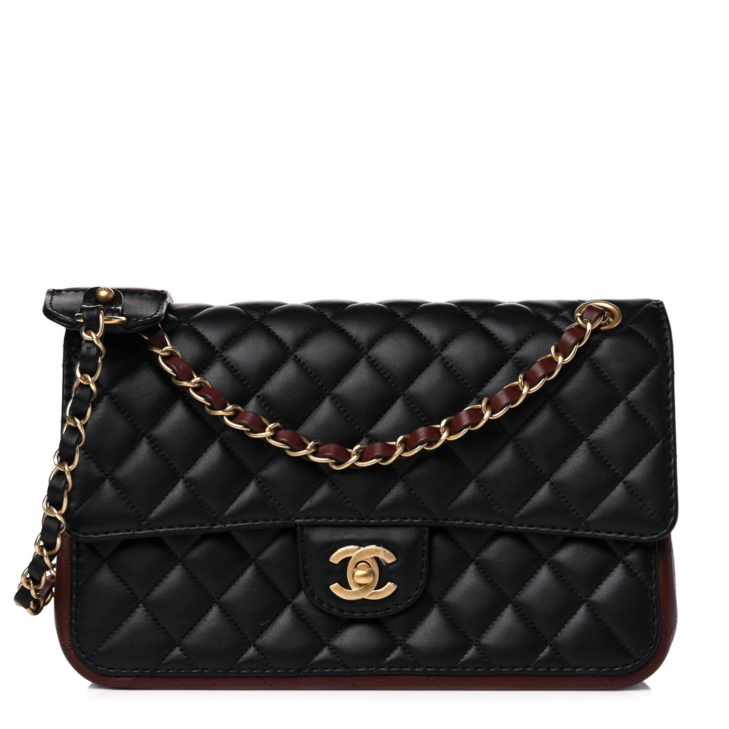 Calfskin Quilted Strap Into Flap Bag Black Brown