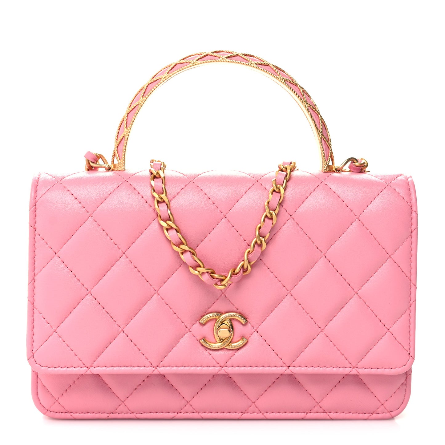 Lambskin Quilted Multicolor Top Handle Wallet On Chain WOC Light Pink