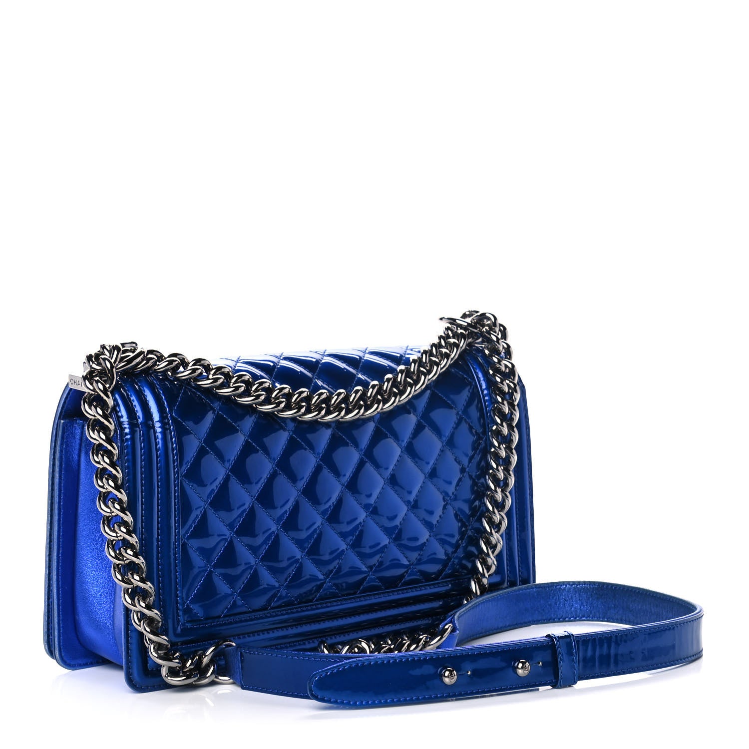 Chanel Metallic Patent Quilted Medium Boy Flap Blue 3 of 13