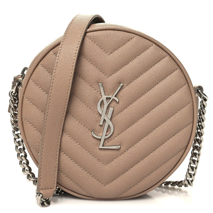 Saint Laurent Grain De Poudre Matelasse Chevron Quilted Round Vinyle Camera Bag Dark Beige 1 of 11